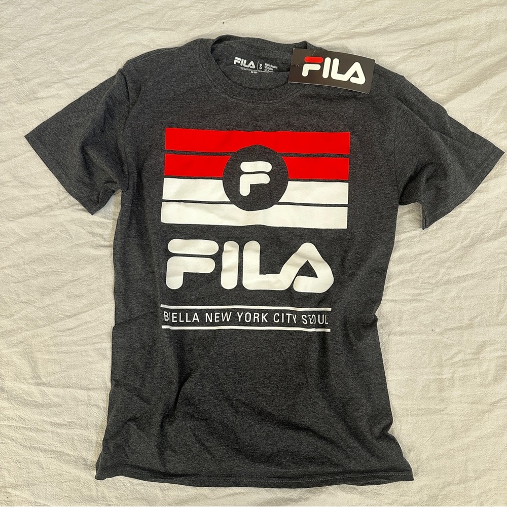 FILA Men's Gray T-Shirt with Red and White Accents Logo Tee